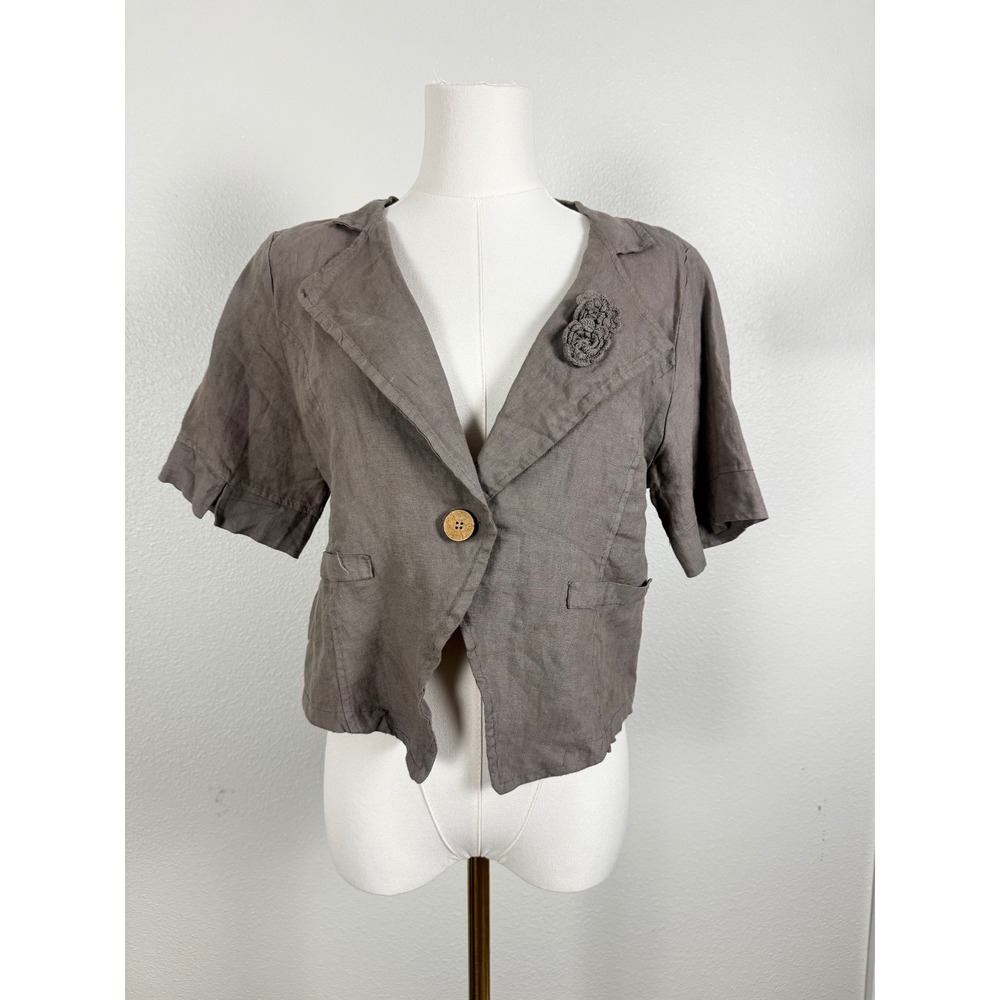 Made in Italy 100% Linen Taupe Cropped Blazer Jacket XL Boho Lagenlook Flax